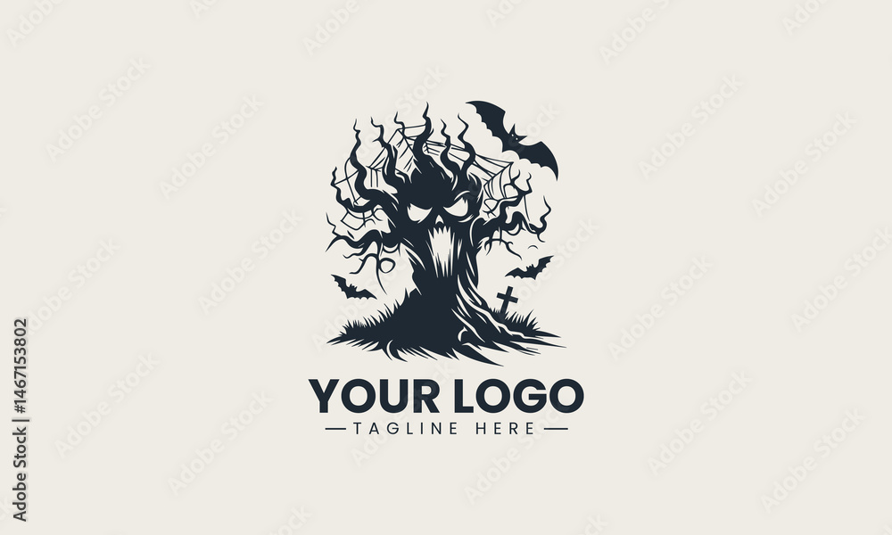 Silhouette of a haunted gnarled tree with creepy face in vector logo design illustration Silhouette of a haunted gnarled tree with creepy face in vector logo design illustration