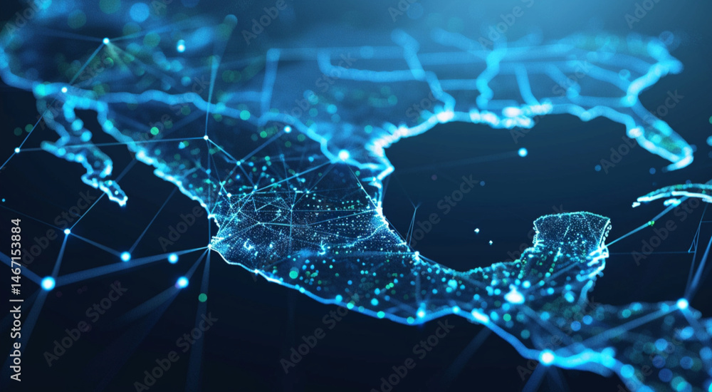 Fototapeta premium Map of Mexico with glowing hospital locations, showing expansion from a few regional dots to a national network, clean white + blue healthcare design aesthetic with data highlights