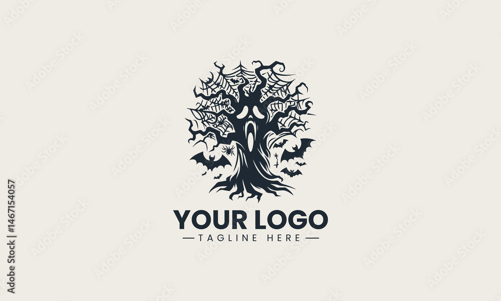 Creepy gnarled tree silhouette with a scary face in dark vector logo illustration design Creepy gnarled tree silhouette with a scary face in dark vector logo illustration design