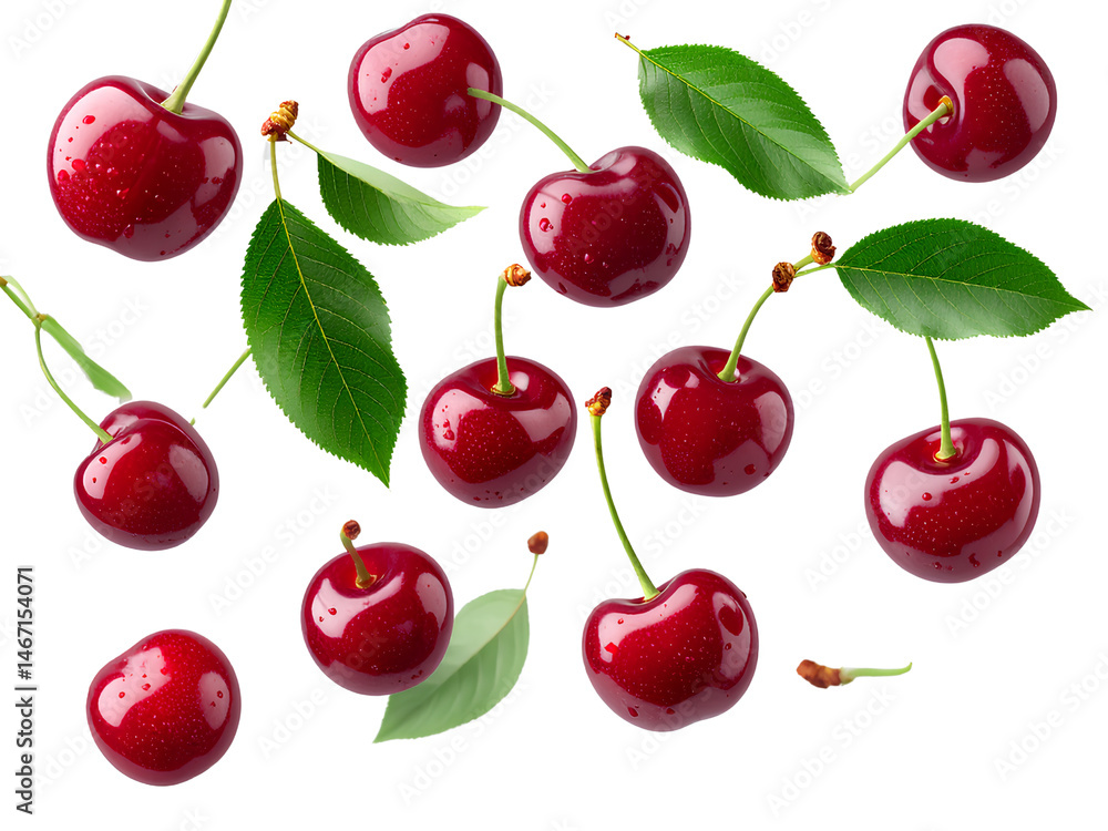 Floating Ripe Cherries with Stems and Leaves, Transparent Background PNG Floating Ripe Cherries with Stems and Leaves, Transparent Background PNG