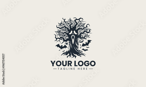 Creepy gnarled tree silhouette with a scary face in dark vector logo illustration design