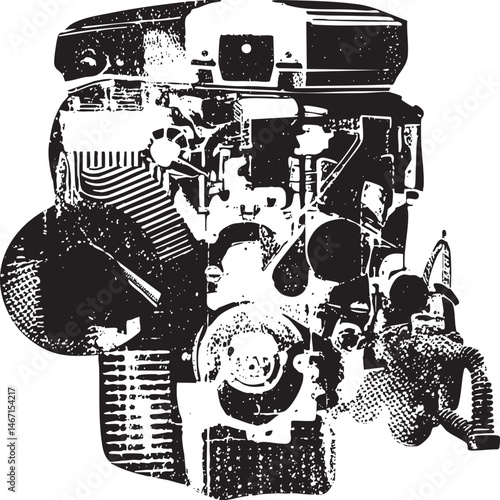 A detailed black and white depicts a vintage engine’s internal components.