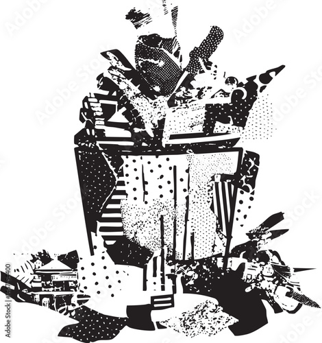 A stylized black and white depicts a large trash can overflowing with fragmented geometric shapes.