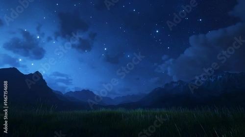 Night mountain meadow landscape, bright stars in the dark blue sky, illuminated clouds, silhouette of mountain range in background, summer pasture grass.