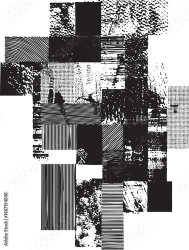 Black and white abstract composition featuring fragmented human figures.