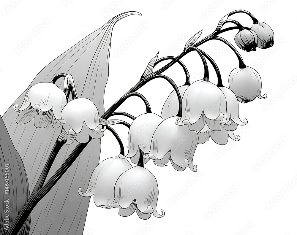 Elegant Line Art of Lily of the Valley Flowers Botanical Illustration Nature Study Black and White Artistic Design