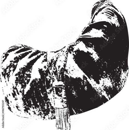 A stylized monochrome lantern rests on a wooden surface.
