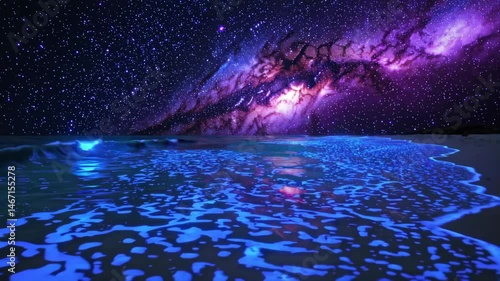 Mesmerizing bioluminescent waves under a starry galactic sky