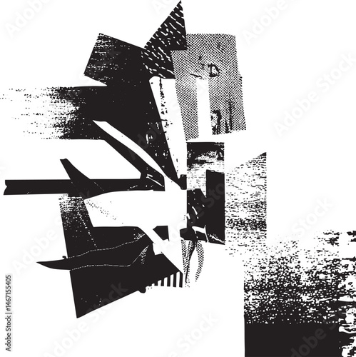 Fragmented black and white shapes collide dynamically on a textured surface.