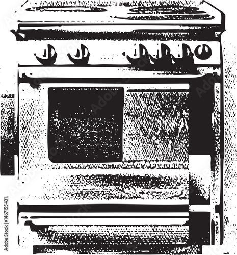 A black and white showcases a vintage metal cabinet with multiple circular openings.