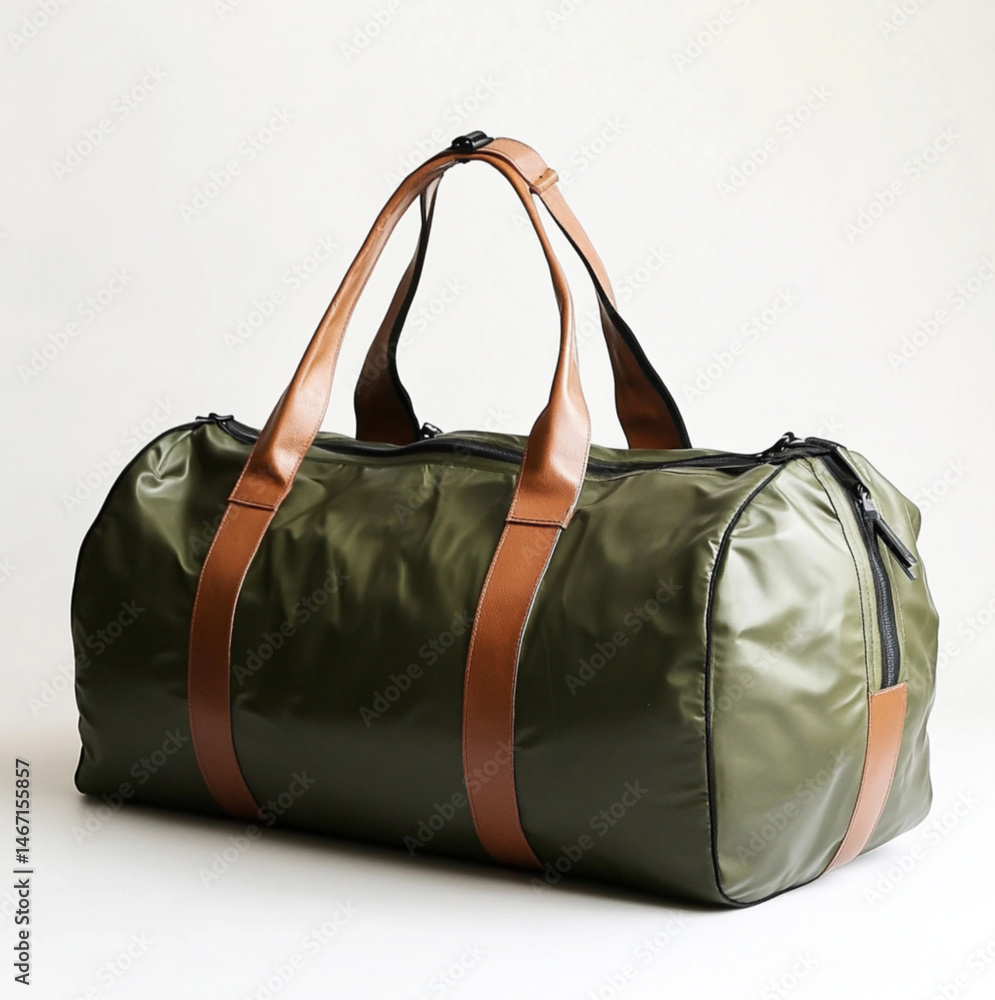 a nylon packable foldable duffle bag in a leather pouch