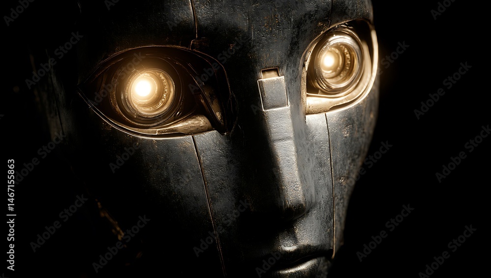 Futuristic Robot Head with Glowing Eyes Dark Studio Close-Up Photography Technological Art Creative Concept