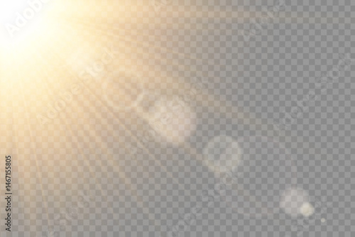 Shiny sun flare with glowing rays and radiant sunlight effect. Bright golden beam with sparkle and glare. Perfect for summer, sky and nature themes. Vector illustration.