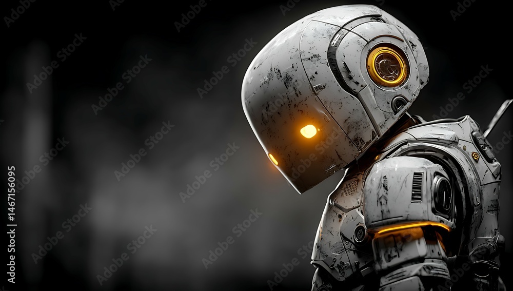 Futuristic Robot with Glowing Eyes Urban Landscape Digital Art Night Scene Close-Up Sci-Fi Concept