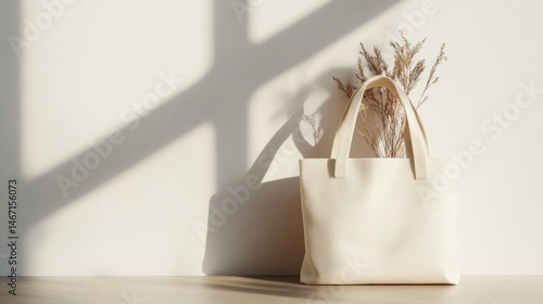 Beige tote bag with dried flowers sits on a wooden surface against a white wall with window light shadows.