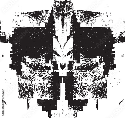 A stark fragmented black and white displays an abstract geometric .