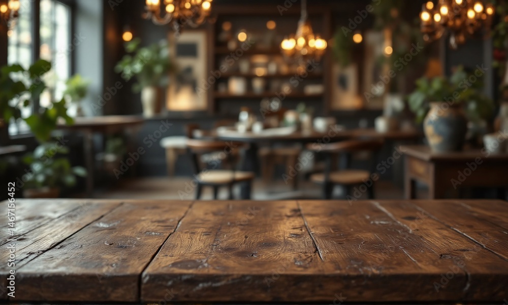 Dark brown wooden tabletop with blurred warm interior and ambient light Dark brown wooden tabletop with blurred warm interior and ambient light