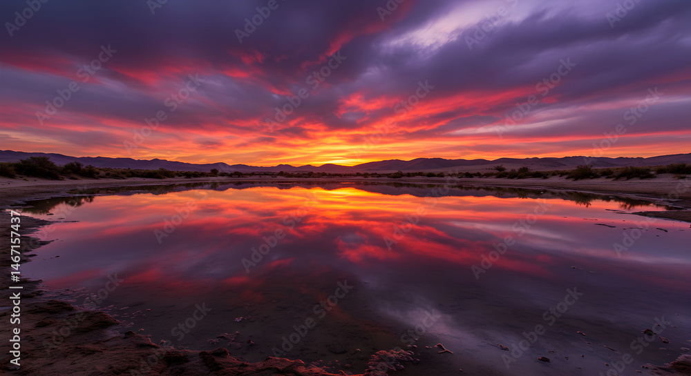 Fototapeta premium Spectacular Desert Sunset Reflected In Calm Water With Striking Color Palette