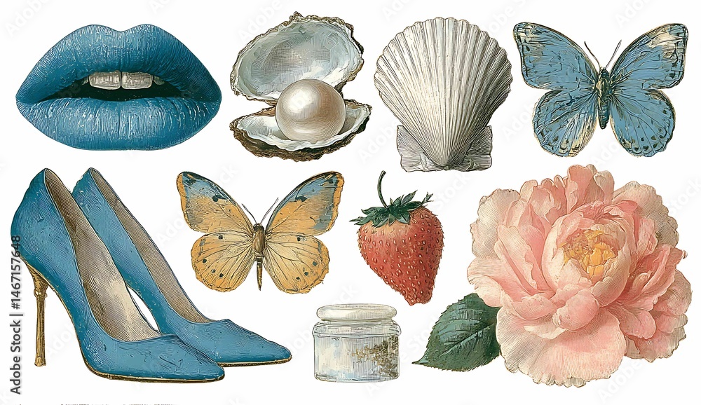 Artistic Sticker Sheet Collage of Blue Lips and Shell Elements Vintage Aesthetic Whimsical Design Creative Environment