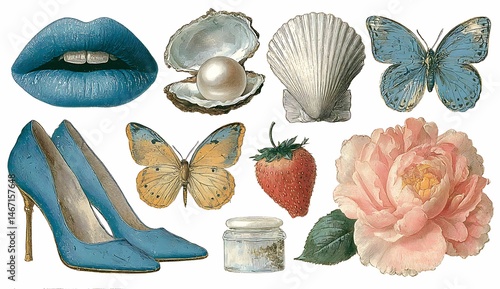 Obraz na płótnie Artistic Sticker Sheet Collage of Blue Lips and Shell Elements Vintage Aesthetic Whimsical Design Creative Environment w salonie