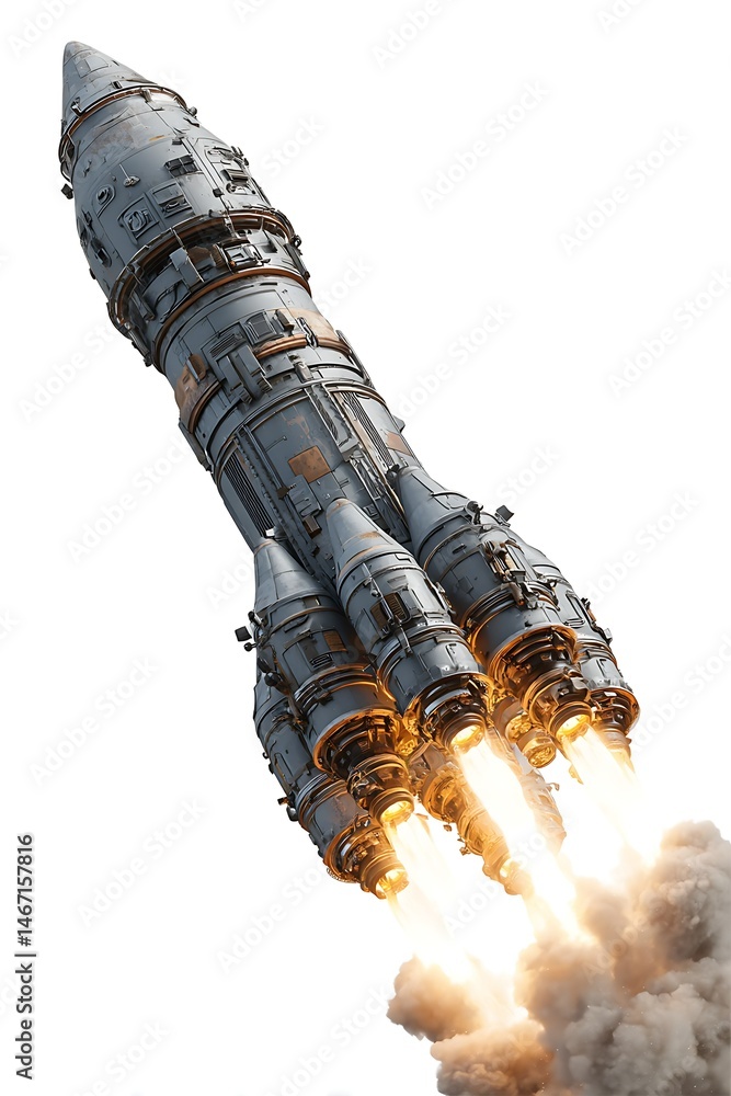 Stylized Missile Launching Upward White Background Digital Art Futuristic Environment Dramatic Viewpoint