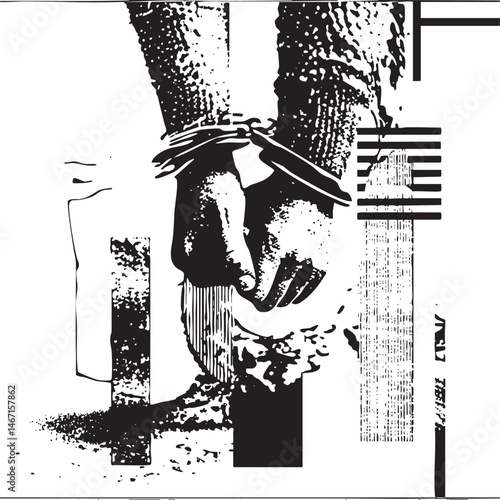 A hand is restrained by a rope tied to a tree branch.