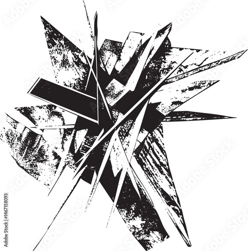 A fragmented angular shape comprised of sharp edges and overlapping planes.