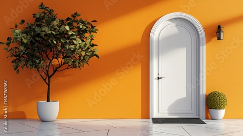 White arched door on orange wall with plants.