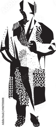 A silhouetted dancer performs a stylized movement against a stark black and white background.