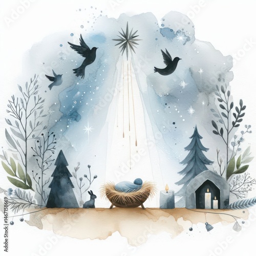 Watercolor christmas nativity scene illustration with star birds and baby jesus art