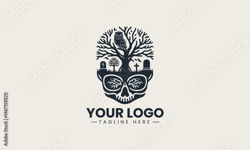 Vector logo with owl on bare tree above skull and tombstone silhouette
