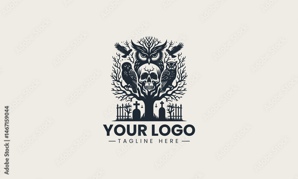 Intricate black silhouette vector logo design with skull, bare tree, owl, and tombstone in spooky composition Intricate black silhouette vector logo design with skull, bare tree, owl, and tombstone in spooky composition