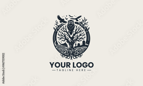 Vector logo with owl on bare tree above skull and tombstone silhouette