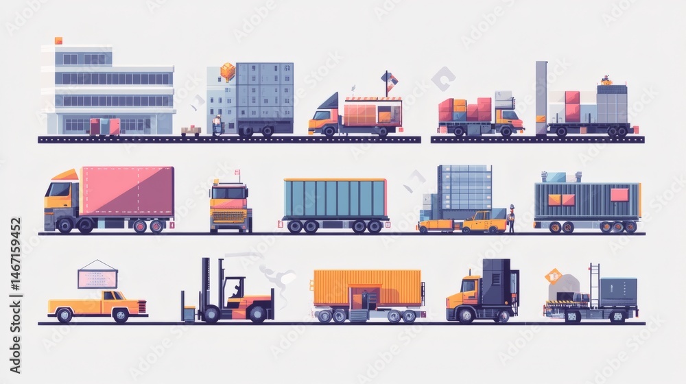 Flat style illustration of various trucks and logistics processes. Flat style illustration of various trucks and logistics processes.
