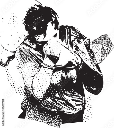 Two figures embrace intimately in a shadowed setting.