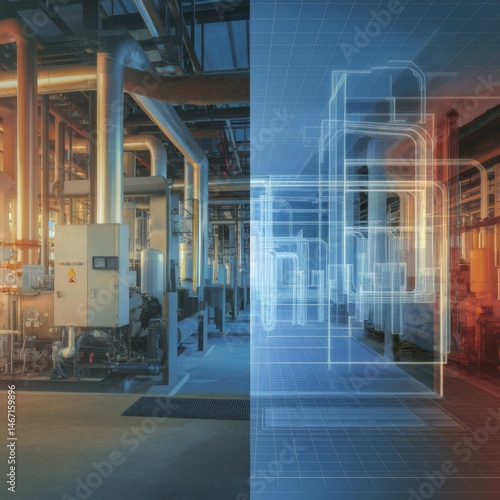A split‑screen visual of a manufacturing plant and its digital twin, with virtual sensors and status overlays mirroring real‑world machinery.