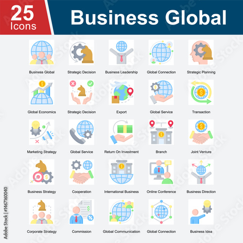 Business Global is a collection of icons representing global business strategies, leadership, international transactions, and global market expansion, emphasizing international collaboration.