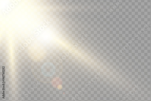 Sunlight flare with glowing rays. Creating vibrant and magical atmosphere. Bright gold beams burst through clear sky. Perfect for summer or festive themes. Vector transparent background.
