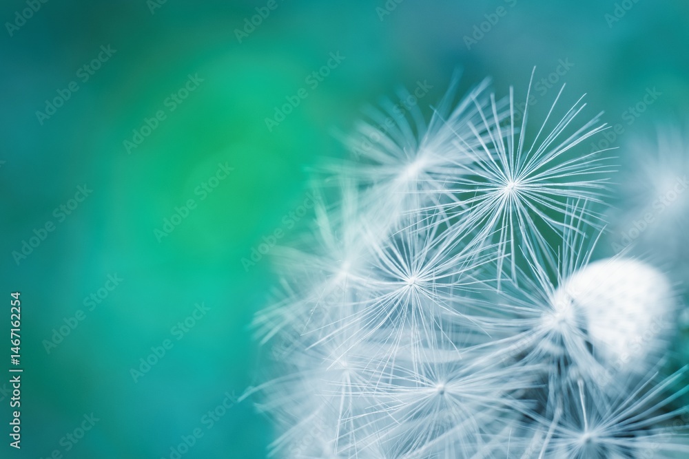 Fototapeta premium Dandelion in the meadow close up. Blue green soft background with copy space.