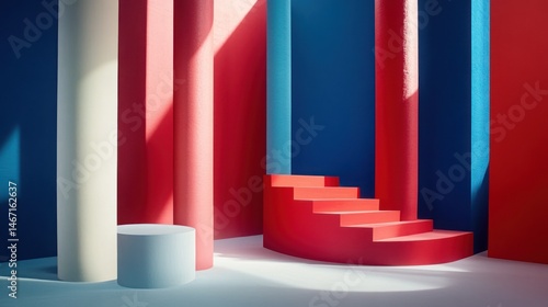 Abstract red, white, and blue cylindrical columns and staircase in a modern room.