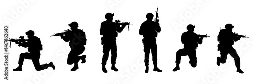 Soldiers in dynamic action poses with rifles, showing movement during combat operation. Black silhouettes of military personnel in tactical positions including running, kneeling, standing. Army at war