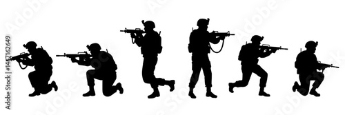 Vector silhouettes of soldiers on duty, troops, military man, armored army in various combat poses isolated on white background. War, conflict, battlefield concept