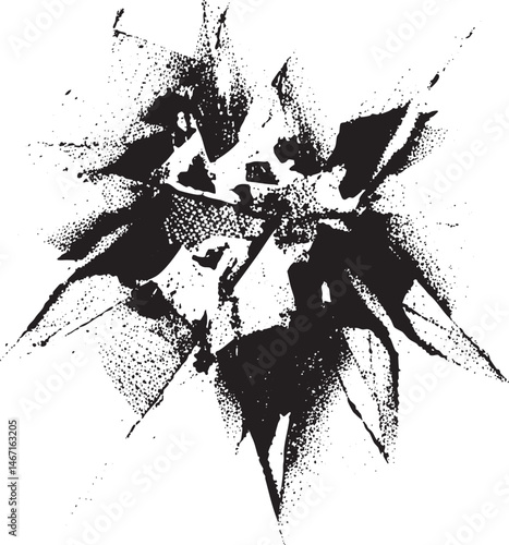 A fragmented abstract flower emerges from a dark background.