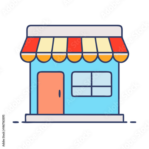 Illustration of a cute storefront shop building with awning door and window for business