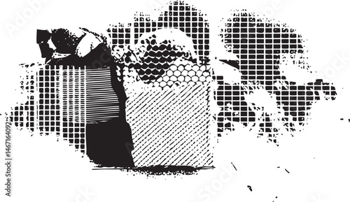 A grayscale portrait depicts a person wearing a wide-brimmed hat gazing intently at a textured surface.