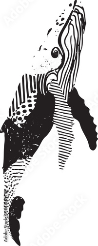 A stylized black-and-white of a breaching whale.