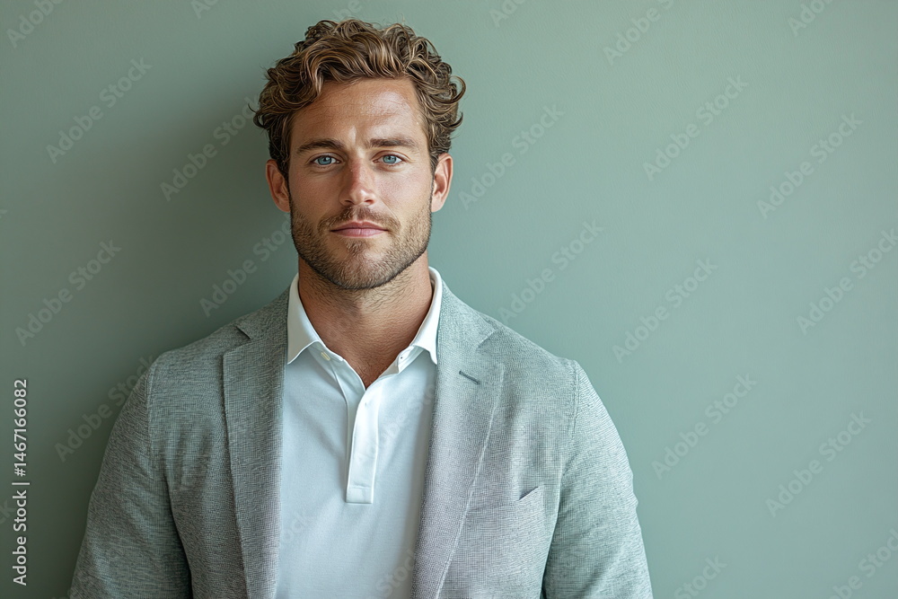 Obraz premium Confident Young Man in Stylish Outfit Against Subtle Green Background for Modern Marketing
