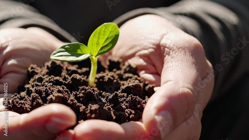 Nurturing new life: hands cradling a growing seedling in morning light