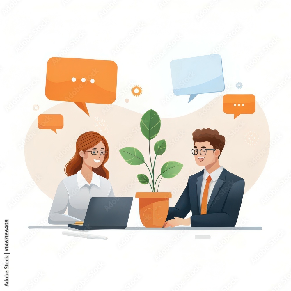 Business team members collaborating sharing ideas with speech bubbles and a potted plant Business team members collaborating sharing ideas with speech bubbles and a potted plant