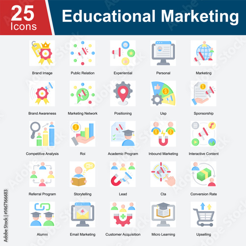Educational Marketing is a collection of icons focused on strategies and tools for marketing educational services, including brand image, public relations, lead generation, customer acquisition.